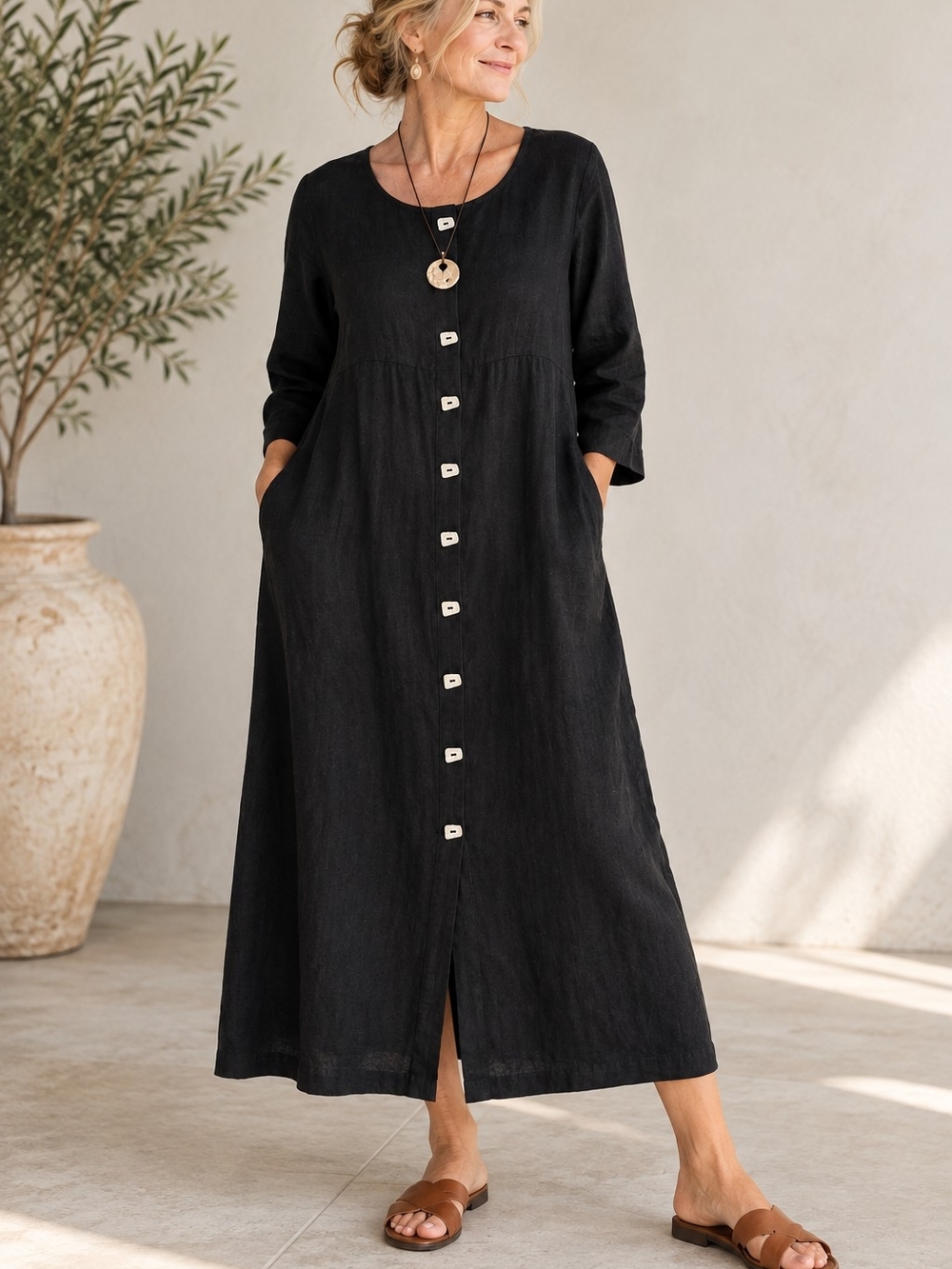 J.Jill 100% Linen Black Button Front Maxi Dress Large Petite LP Lagenlook